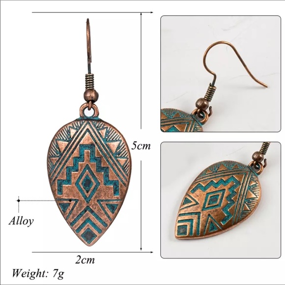 Blue patina copper tribal design dangle earrings - Picture 6 of 7